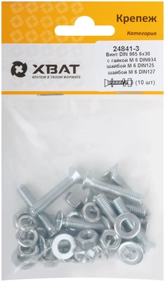Комплект: Винт DIN965 6х30,  с гайкой М6 DIN934, шайбой М 6 DIN125, шайбой М 6 DIN127  (фасовка 1010